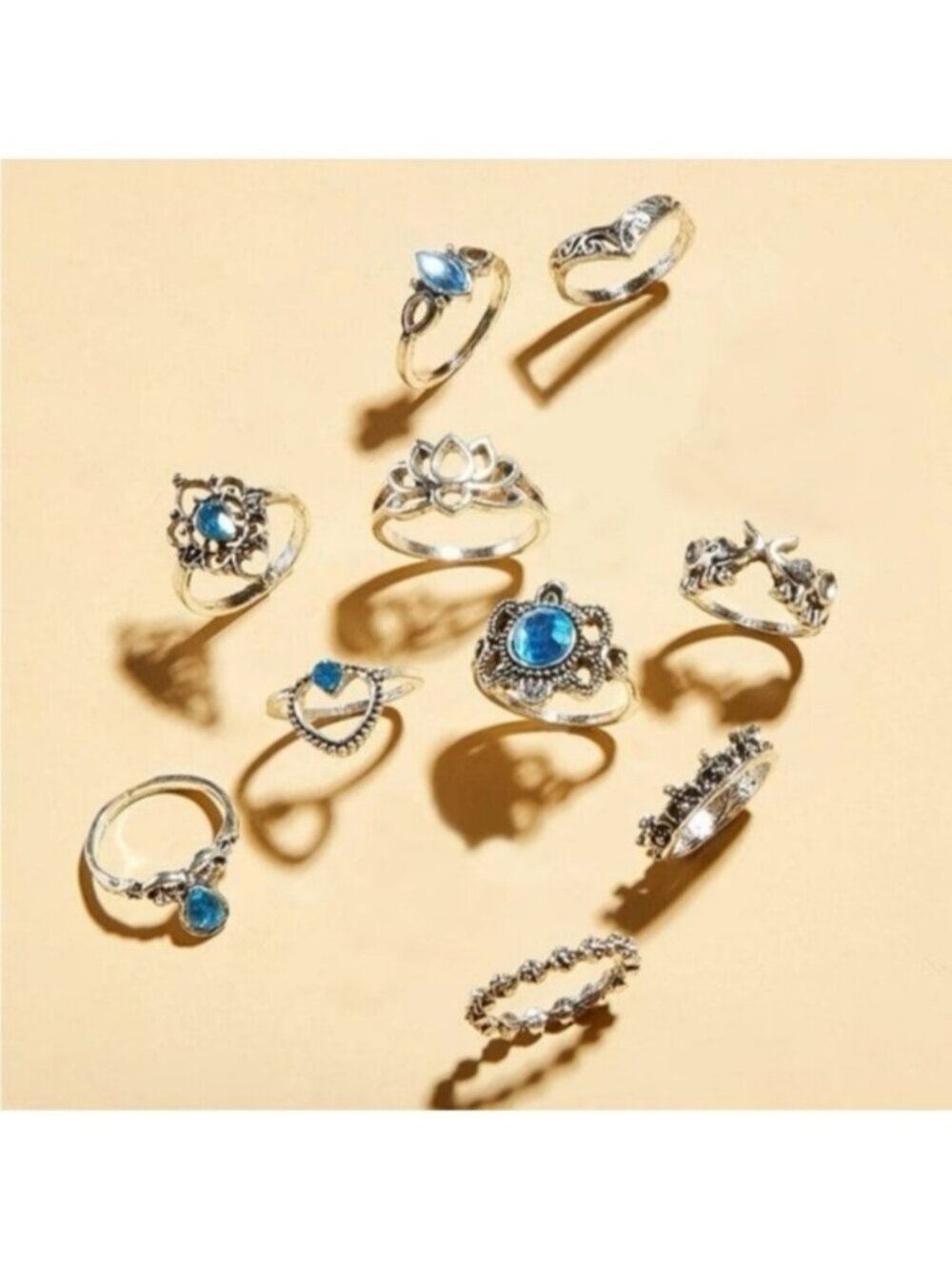 Silver & Blue Lotus Rhinestone 10pc Ring Set - Picture 2 of 2